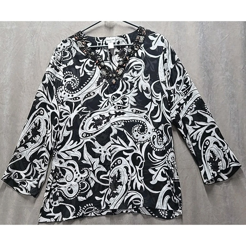 Chicos 100% Silk Tunic Blouse Black White Damask Print Beaded Neckline Size 1